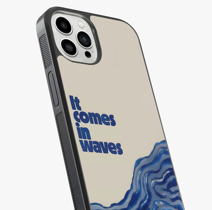 It Comes In Waves Quote Glass Case captured at a warm angle highlighting gloss, texture and premium glass finish.