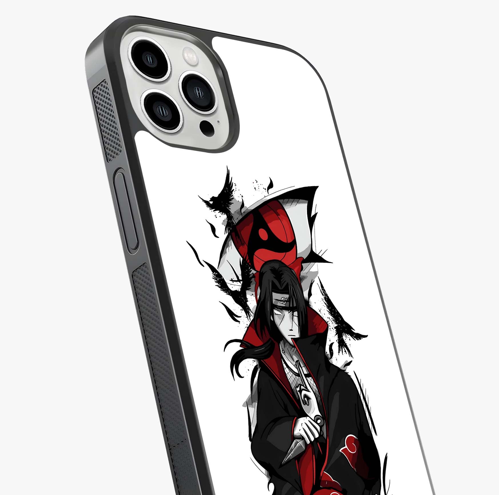 Itachi Sharingan Glass Case captured at a warm angle highlighting gloss, texture and premium glass finish.