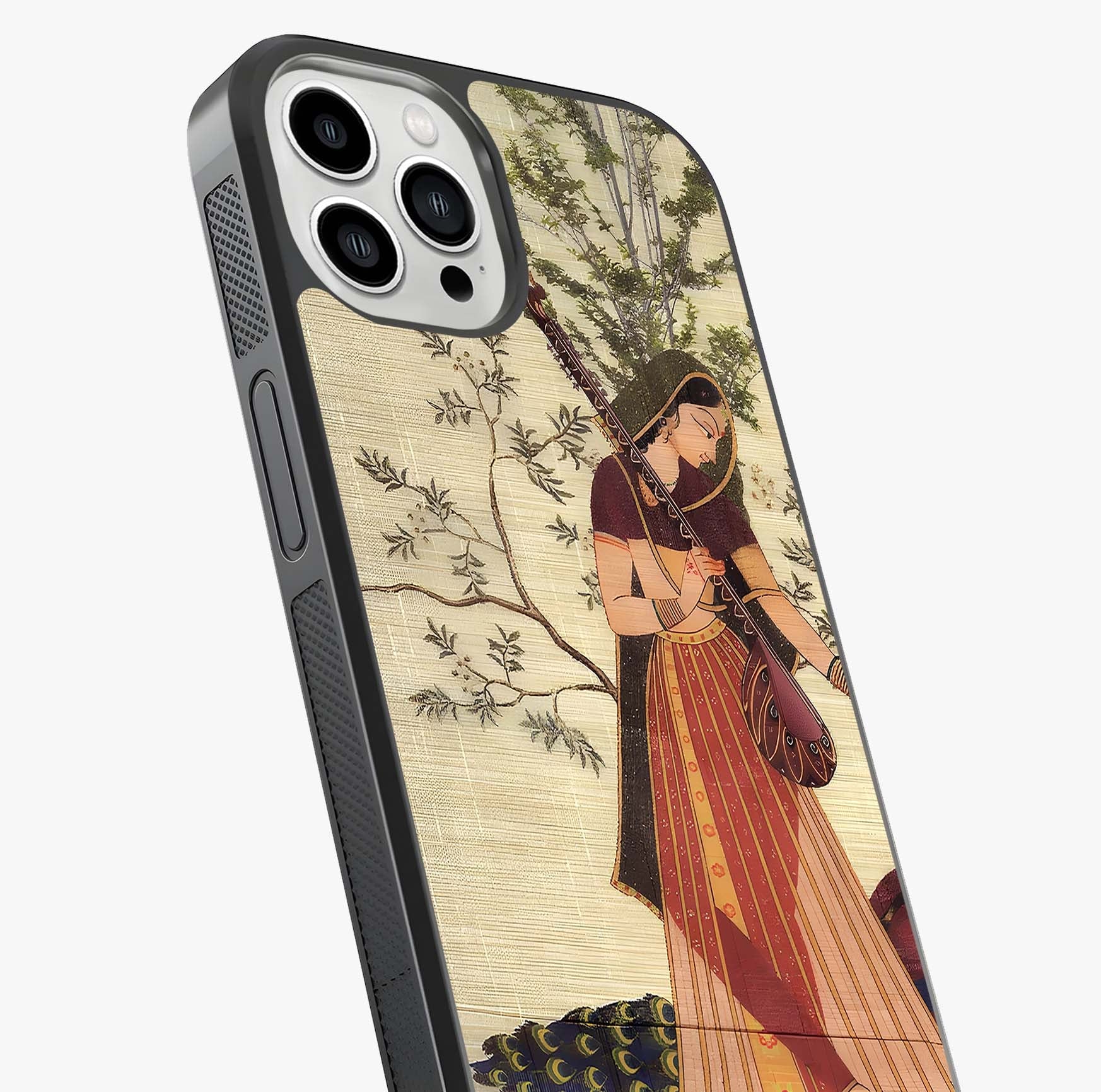 Lady With Veena Art Glass Case captured at a warm angle highlighting gloss, texture and premium glass finish.