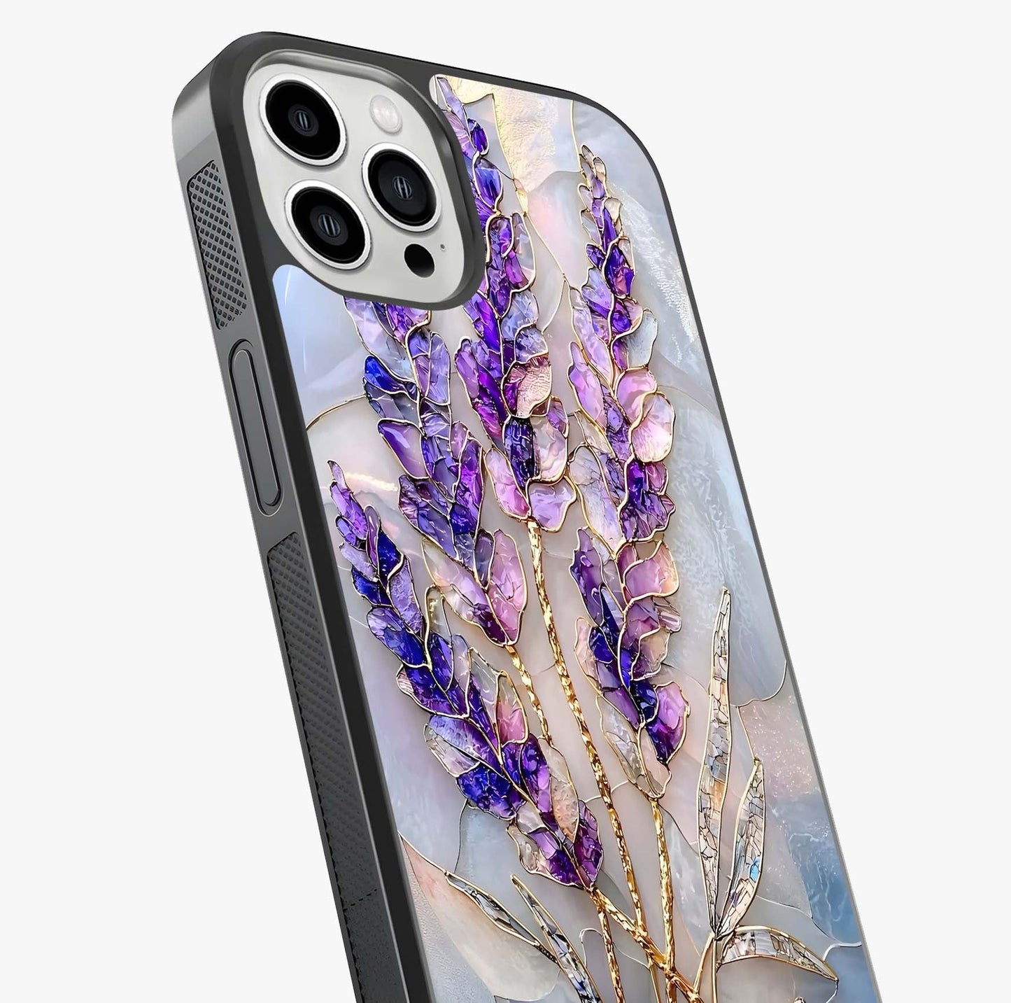 Lavender Dream Glow Glass Case captured at a warm angle highlighting gloss, texture and premium glass finish.