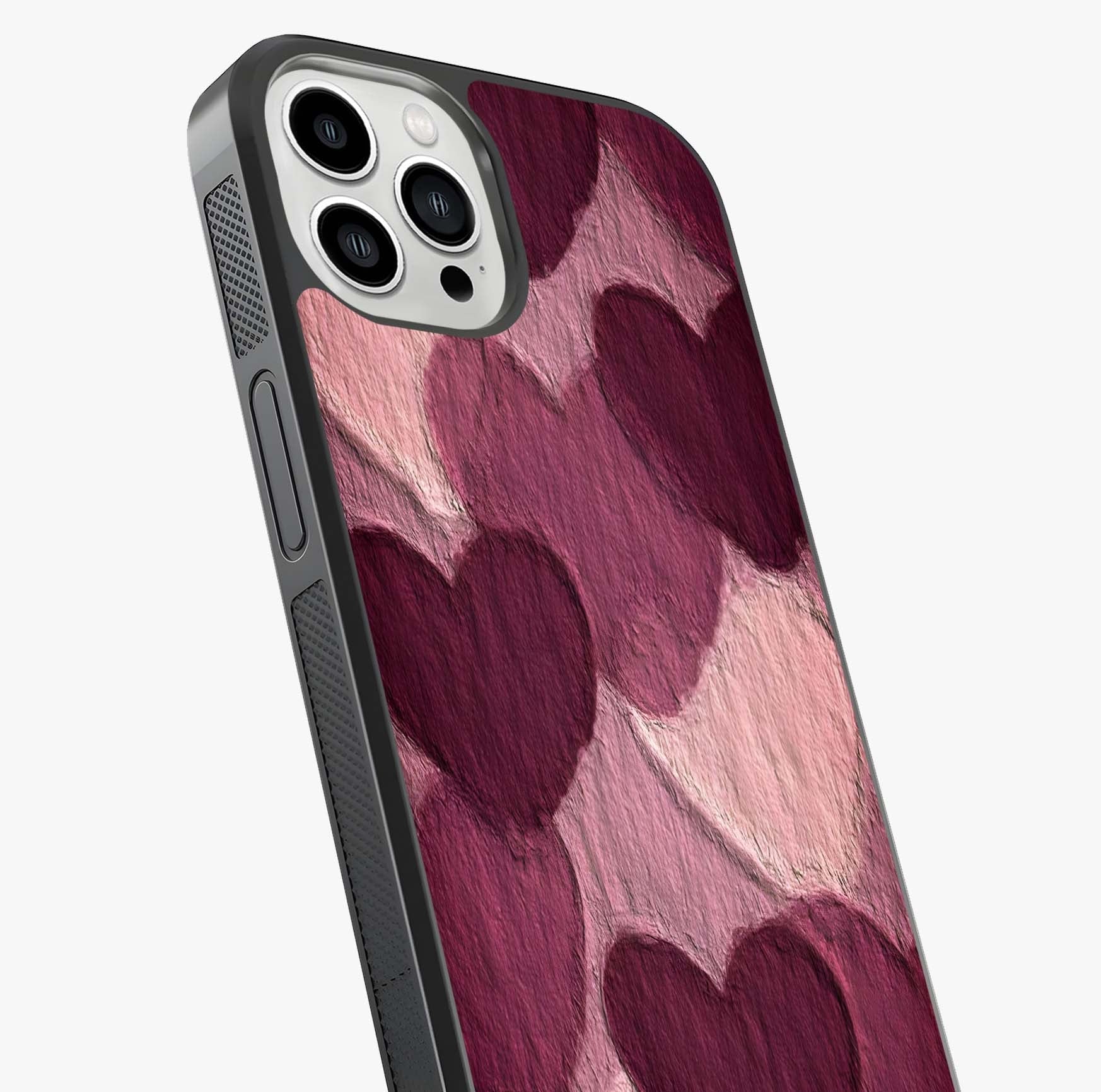 Layered Paper Hearts Glass Case captured at a warm angle highlighting gloss, texture and premium glass finish.