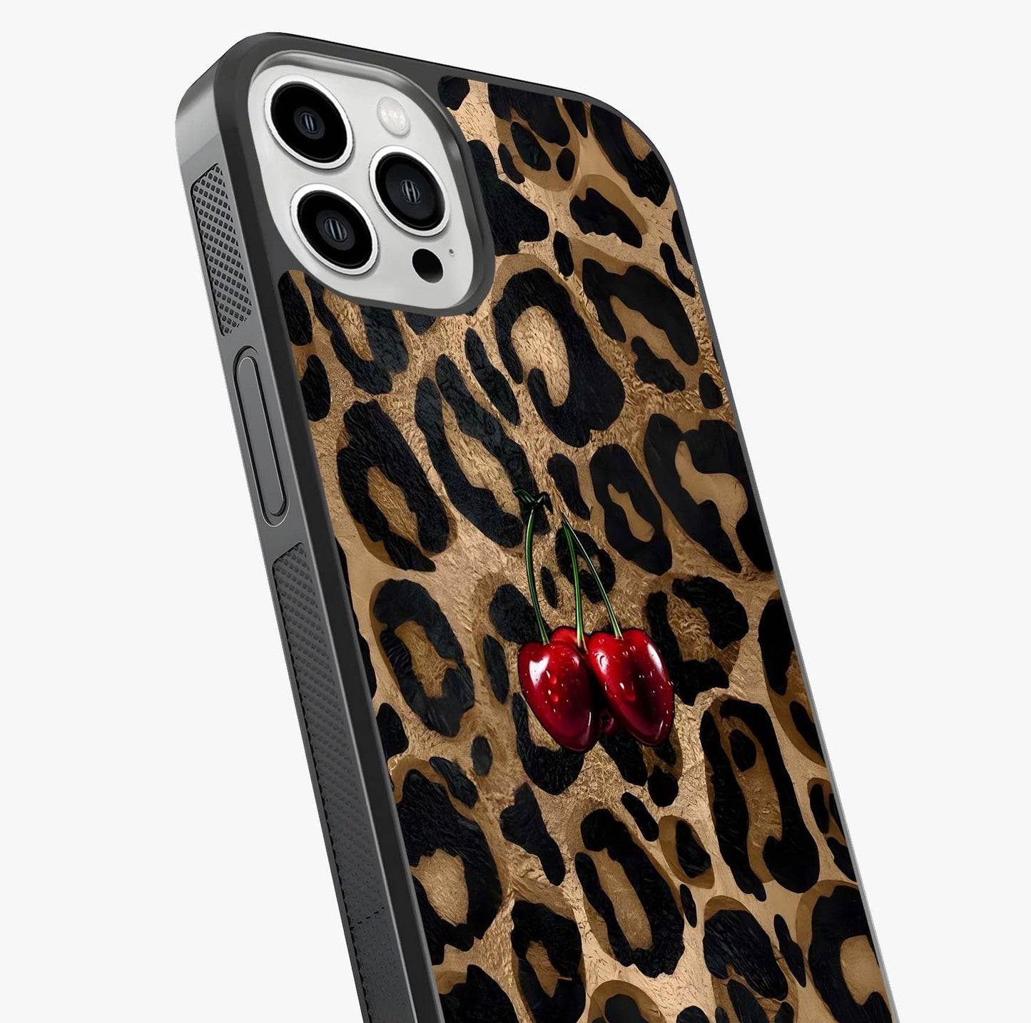 Leopard Wild Cherry Glass Case captured at a warm angle highlighting gloss, texture and premium glass finish.