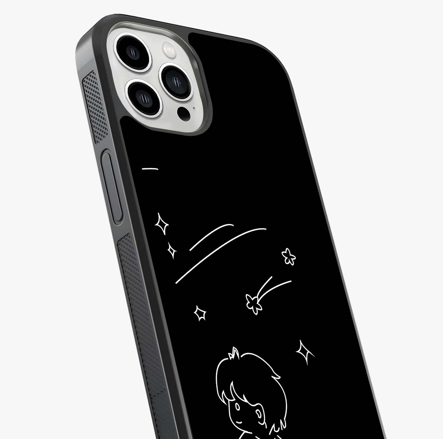 Line Art Boy With Shooting Stars Glass Case captured at a warm angle highlighting gloss, texture and premium glass finish.
