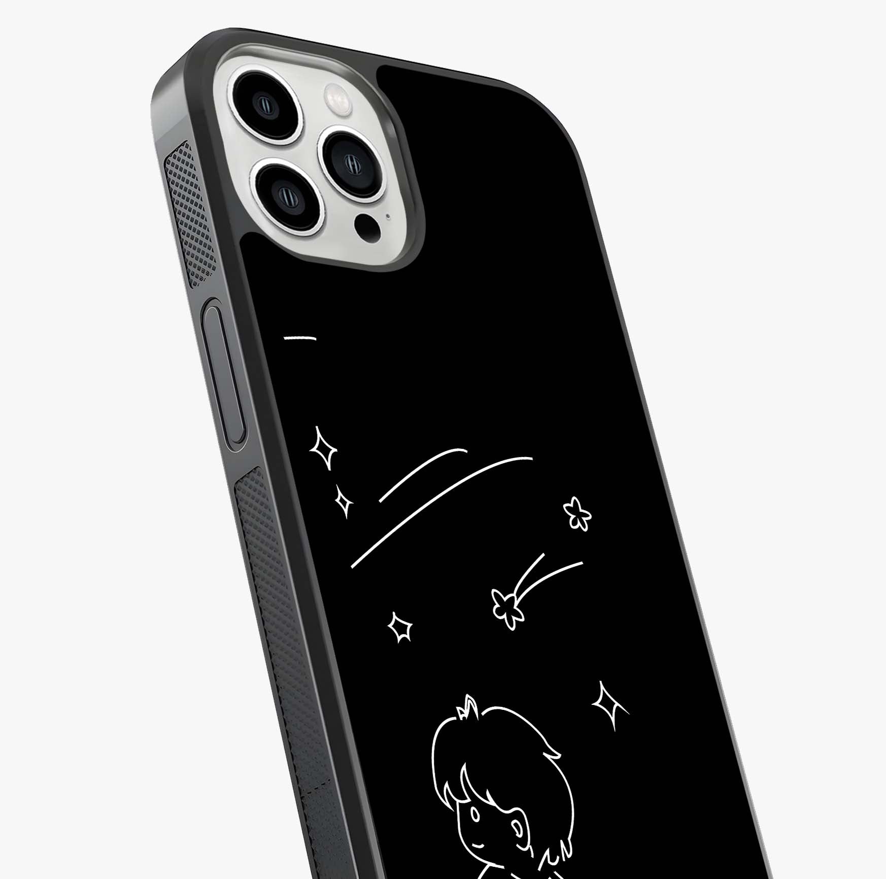 Line Art Boy With Shooting Stars Glass Case captured at a warm angle highlighting gloss, texture and premium glass finish.