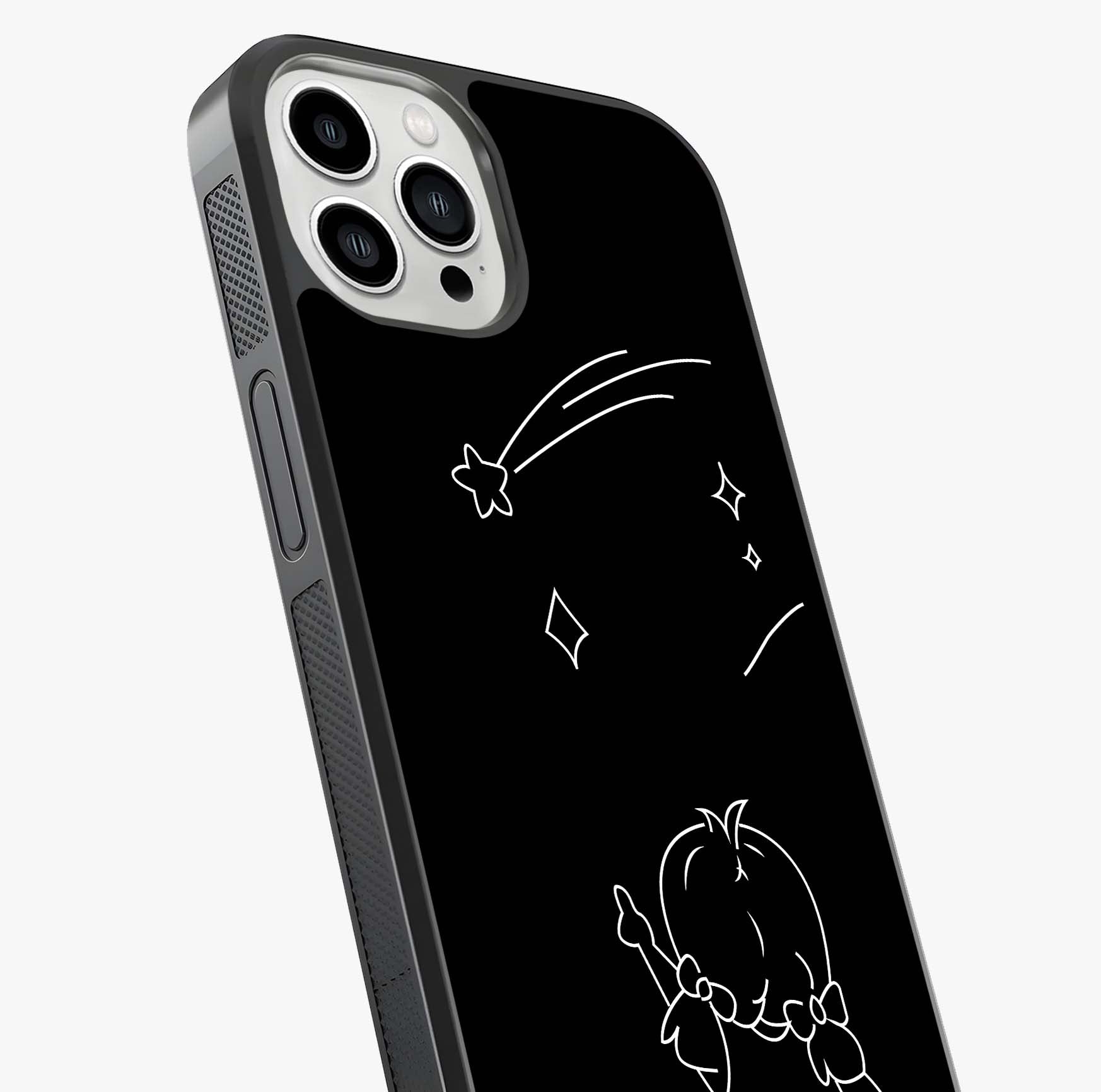Line Art Girl With Shooting Stars Glass Case captured at a warm angle highlighting gloss, texture and premium glass finish.