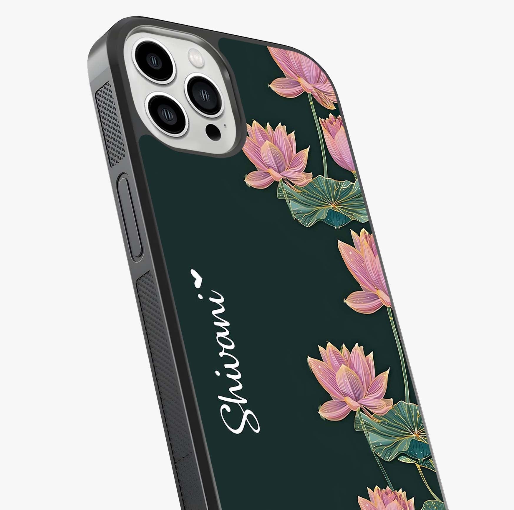 Lotus Bloom Serenity Custom Name Glass Case captured at a warm angle highlighting gloss, texture and premium glass finish.