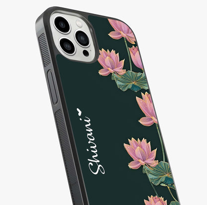 Lotus Bloom Serenity Custom Name Glass Case captured at a warm angle highlighting gloss, texture and premium glass finish.