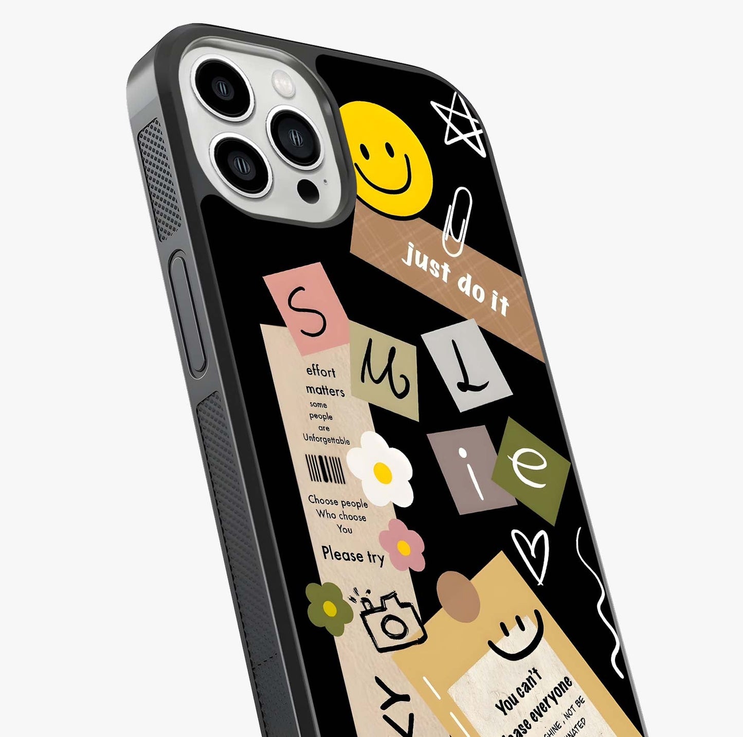 Lucky Aesthetic Collage Glass Case captured at a warm angle highlighting gloss, texture and premium glass finish.