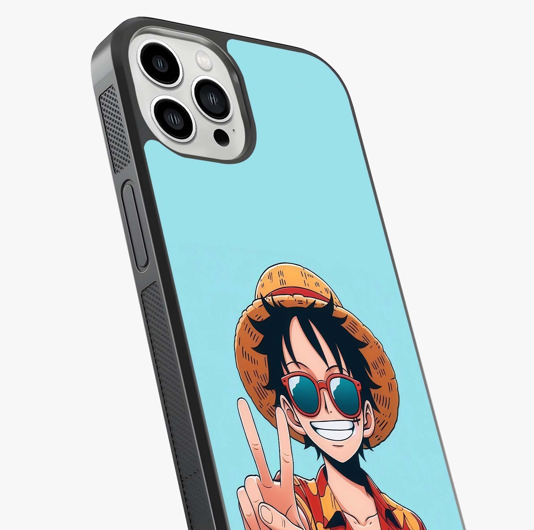 Luffy Summer Anime Vibe Glass Case captured at a warm angle highlighting gloss, texture and premium glass finish.
