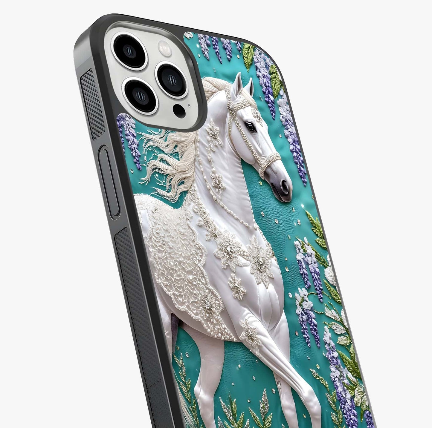 Majestic Floral Stallion Glass Case captured at a warm angle highlighting gloss, texture and premium glass finish.