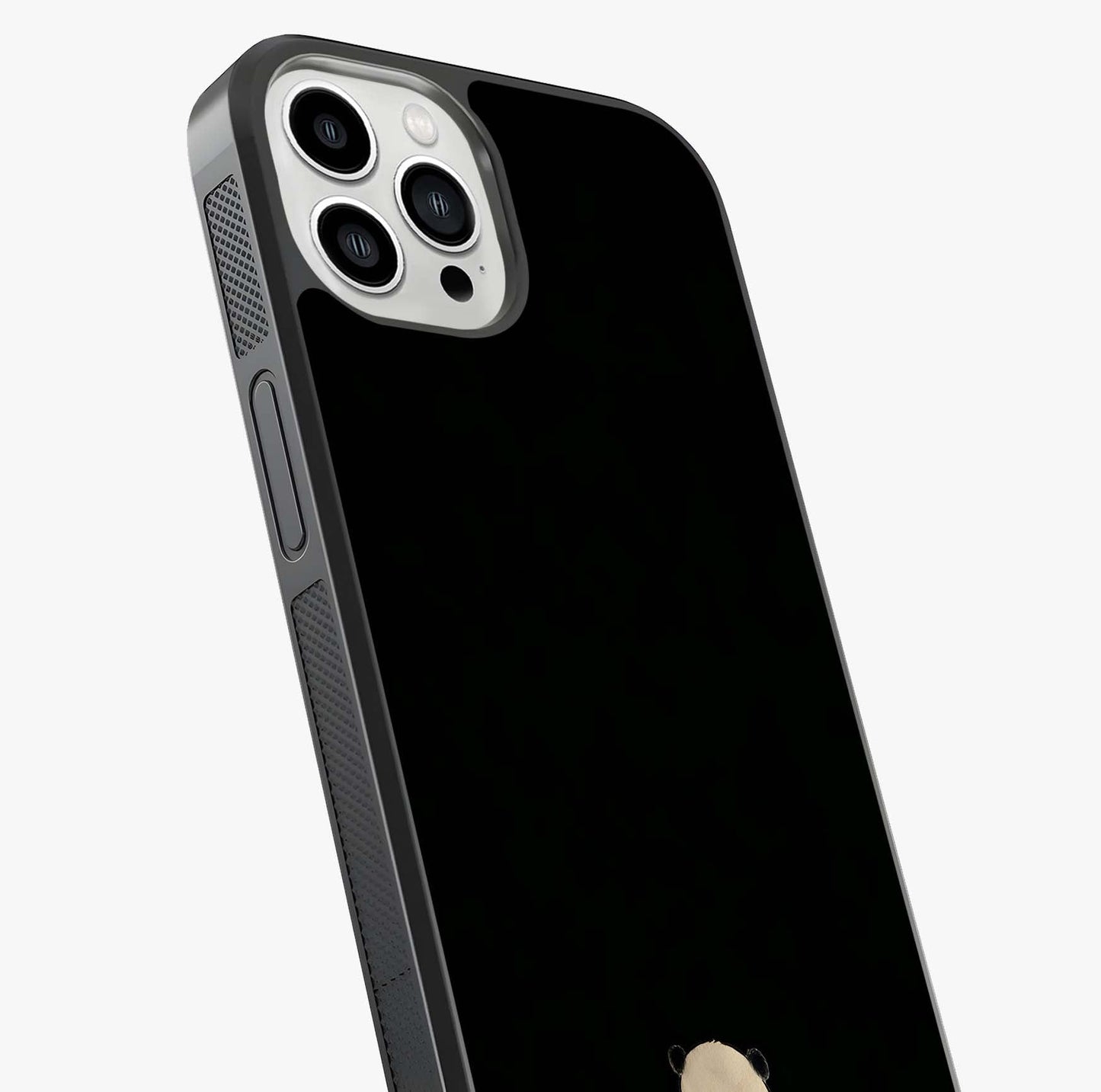 Midnight Panda Love Glass Case captured at a warm angle highlighting gloss, texture and premium glass finish.