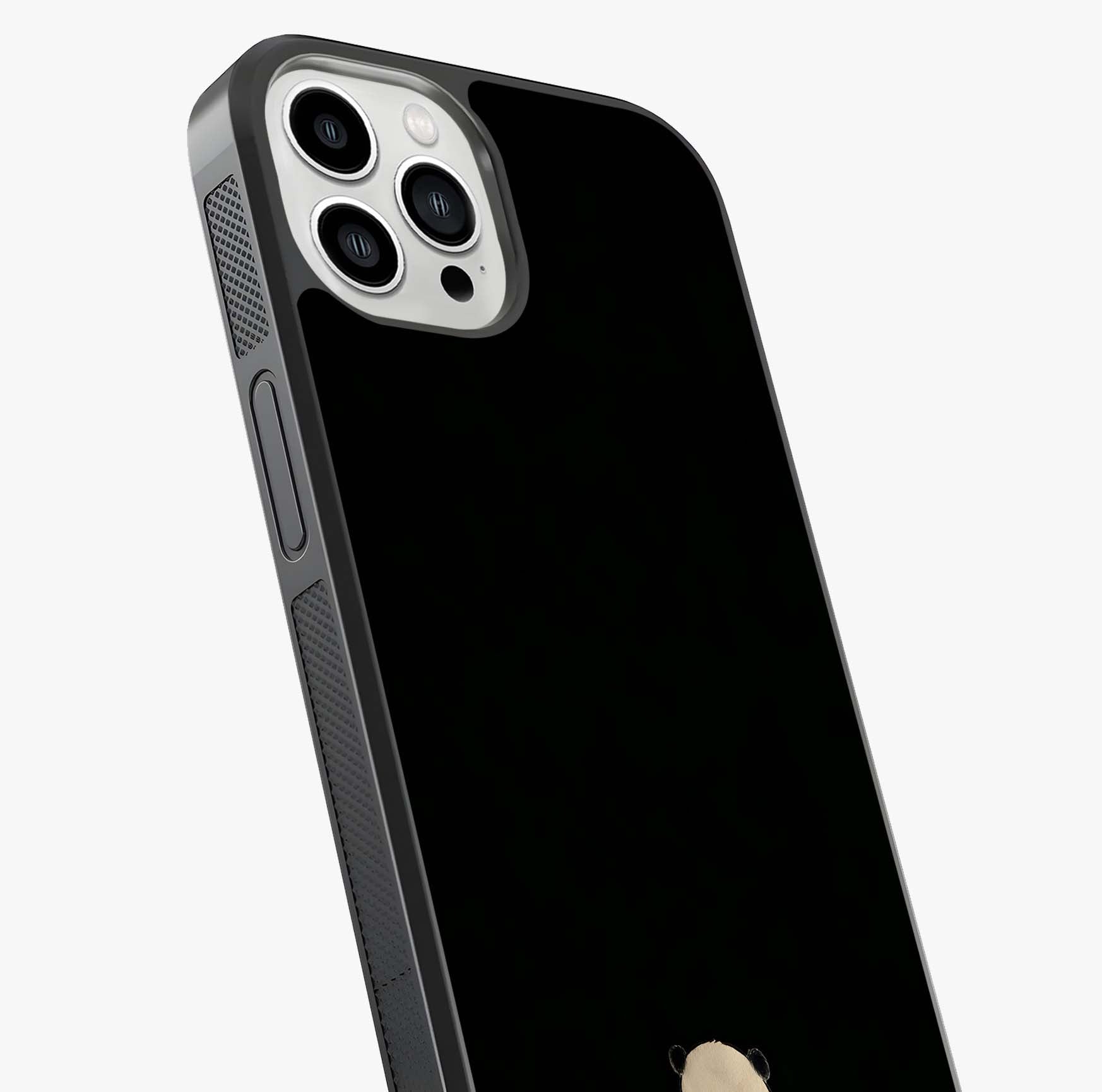 Midnight Panda Love Glass Case captured at a warm angle highlighting gloss, texture and premium glass finish.