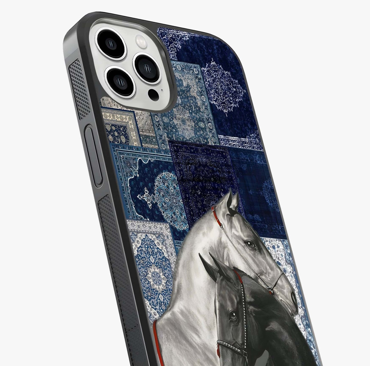 Midnight Stallion Blues Glass Case captured at a warm angle highlighting gloss, texture and premium glass finish.