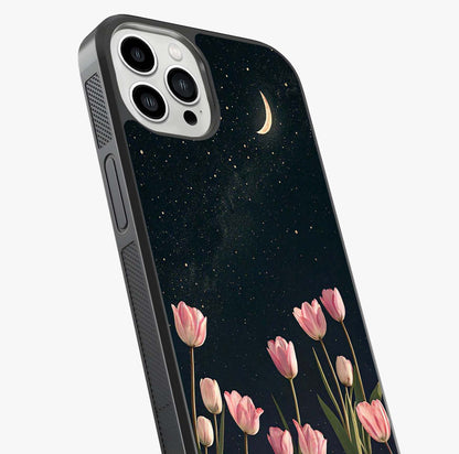 Midnight Tulip Whispers Vibe Glass Case captured at a warm angle highlighting gloss, texture and premium glass finish.