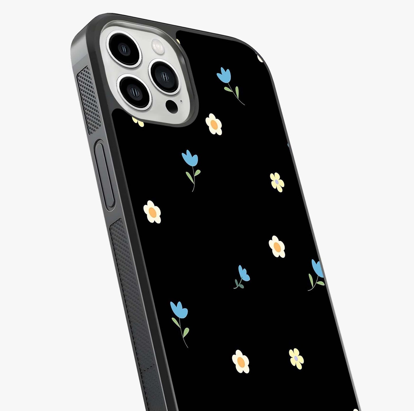 Minimalistic Blue With White Flower Pattern Glass Case captured at a warm angle highlighting gloss, texture and premium glass finish.