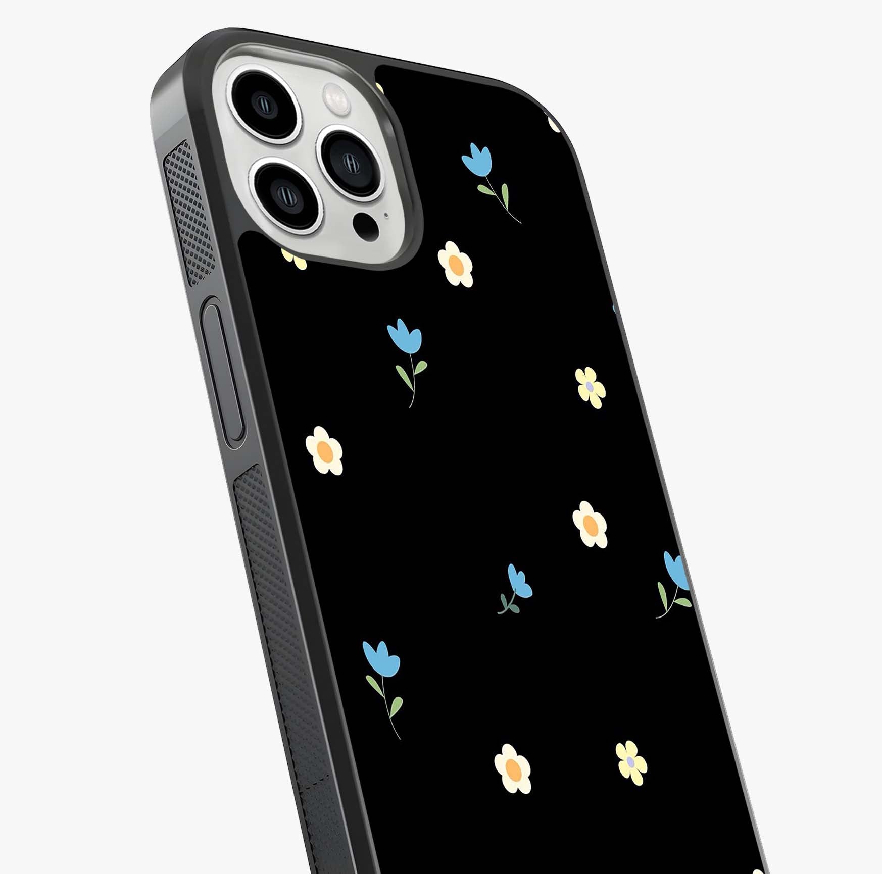 Minimalistic Blue With White Flower Pattern Glass Case captured at a warm angle highlighting gloss, texture and premium glass finish.