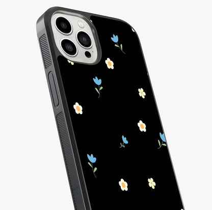 Minimalistic Blue With White Flower Pattern Glass Case captured at a warm angle highlighting gloss, texture and premium glass finish.