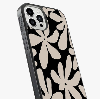 Monochrome Petal Dance Glass Case captured at a warm angle highlighting gloss, texture and premium glass finish.