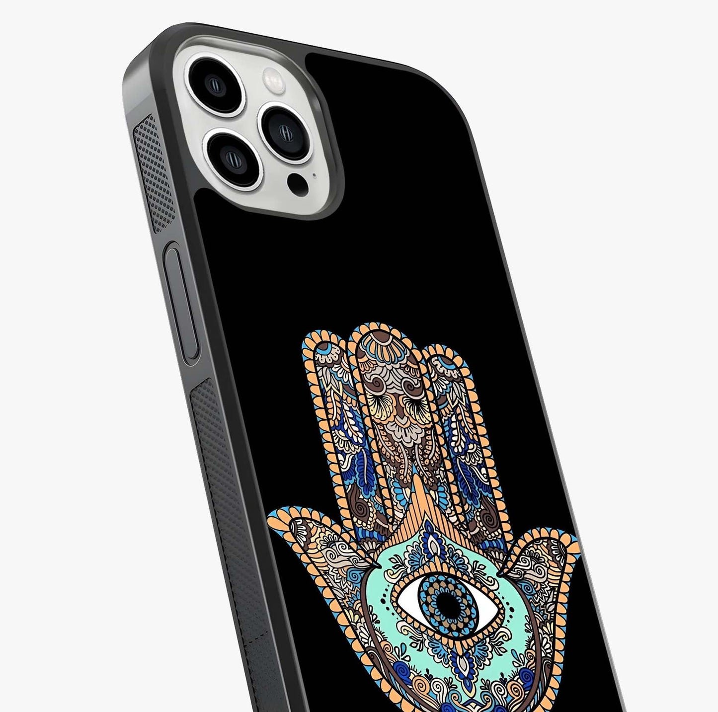 Mystic Hamsa Eye Glass Case captured at a warm angle highlighting gloss, texture and premium glass finish.
