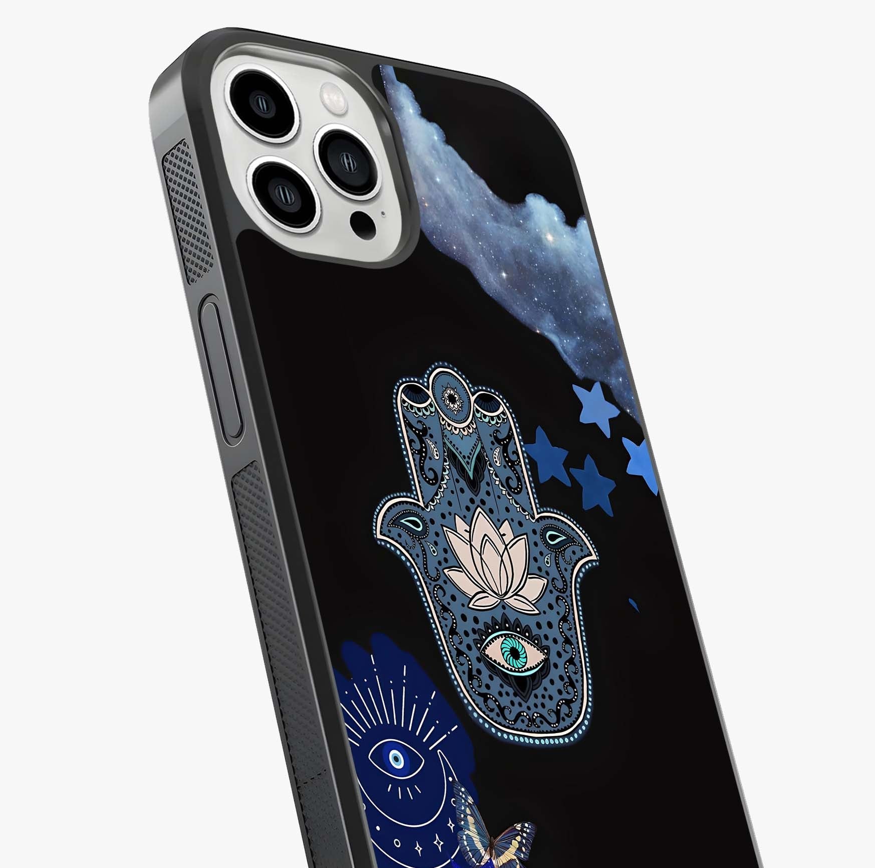 Mystic Hand Aura Glass Case captured at a warm angle highlighting gloss, texture and premium glass finish.