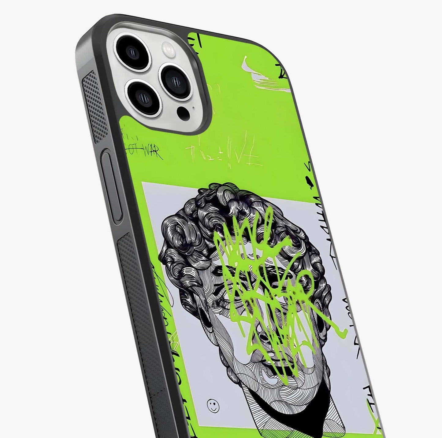 Neo Graffiti Rebellion Glass Case captured at a warm angle highlighting gloss, texture and premium glass finish.
