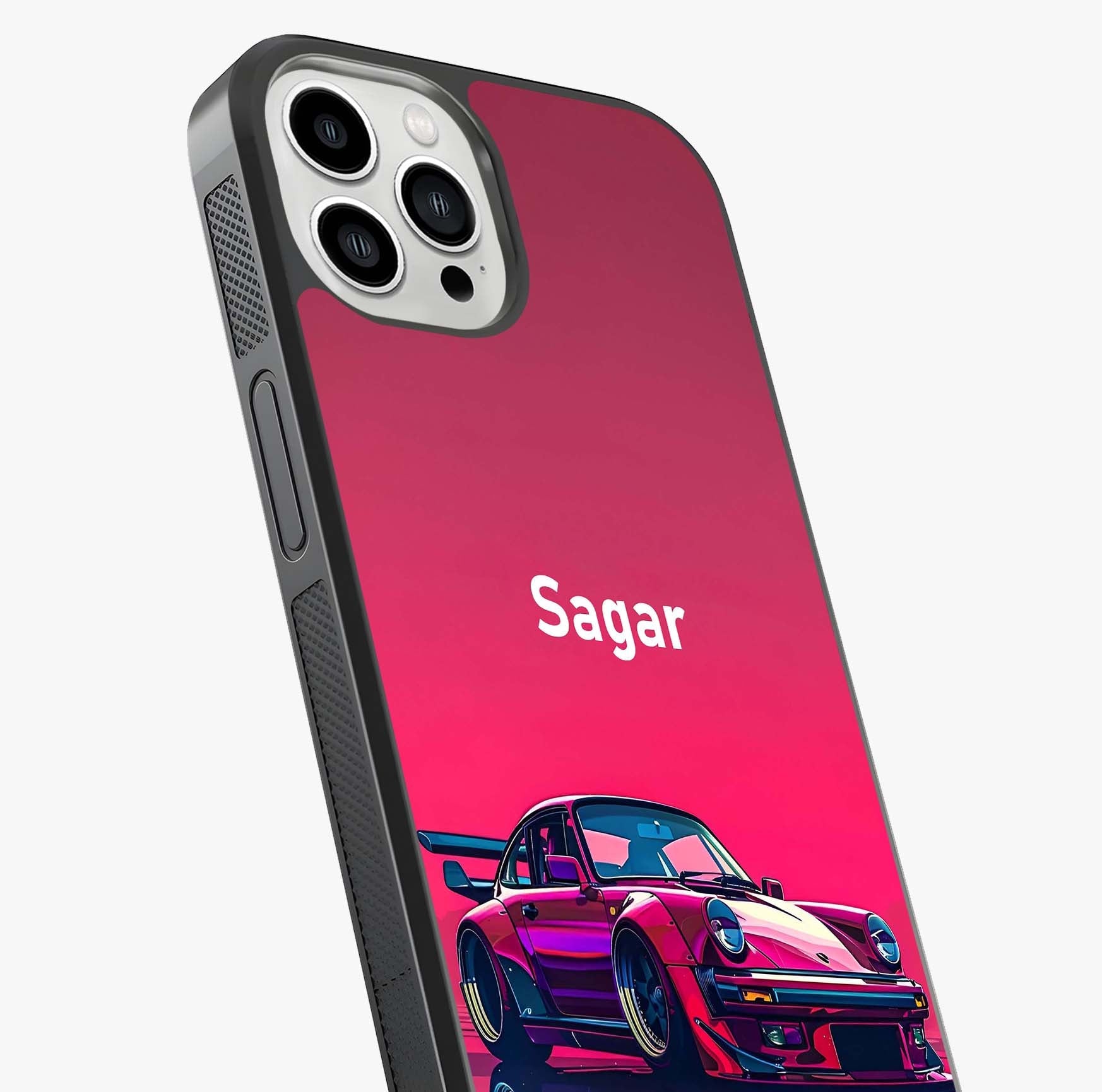 Neon Pink Porsche Glass Case captured at a warm angle highlighting gloss, texture and premium glass finish.