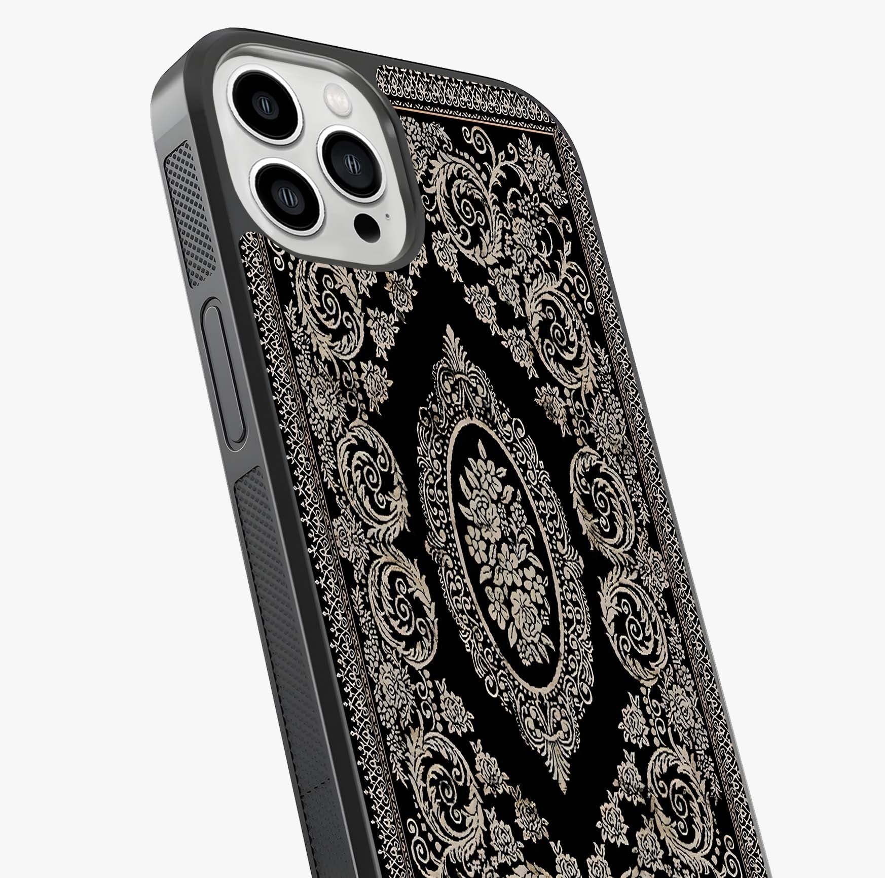 Noir Bloom Elegance Glass Case captured at a warm angle highlighting gloss, texture and premium glass finish.