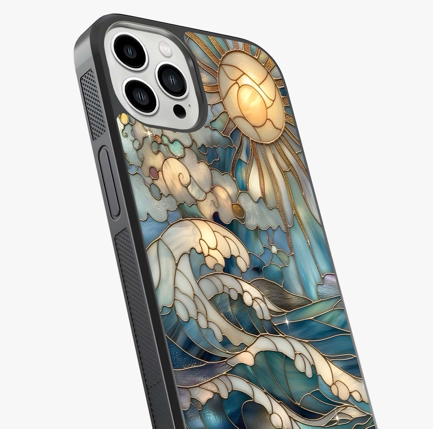 Oceanic Stained Printed Glass Case captured at a warm angle highlighting gloss, texture and premium glass finish.