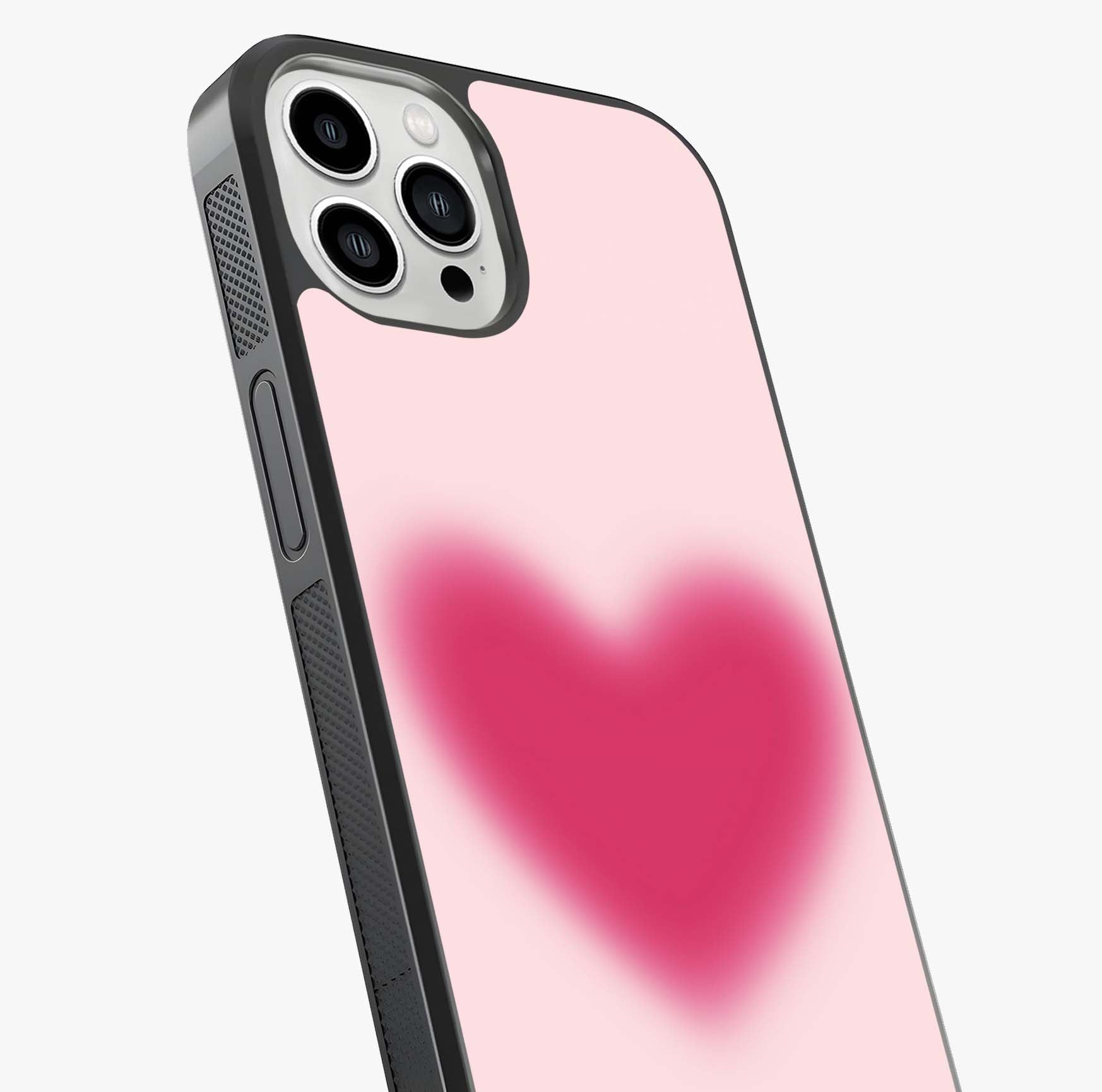 Pink Aura Heart Glass Case captured at a warm angle highlighting gloss, texture and premium glass finish.