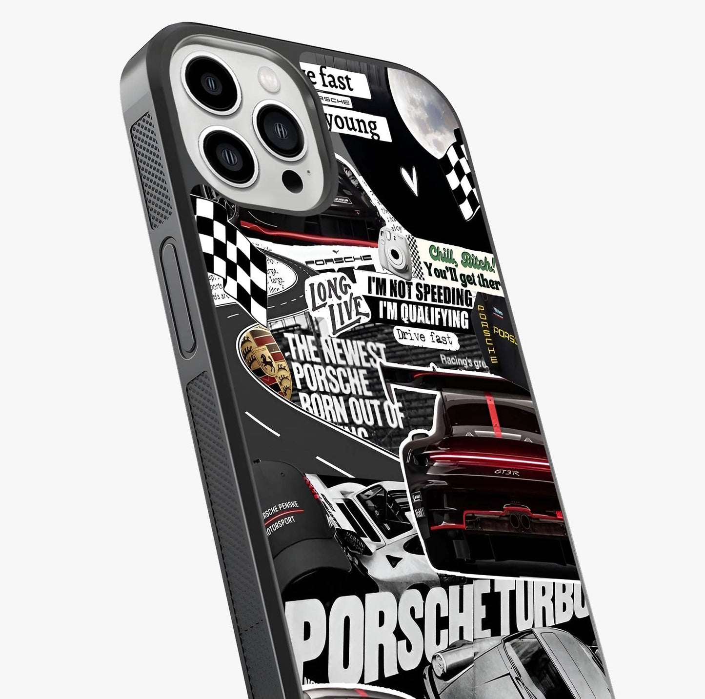 Porsche Racing Collage Glass Case captured at a warm angle highlighting gloss, texture and premium glass finish.