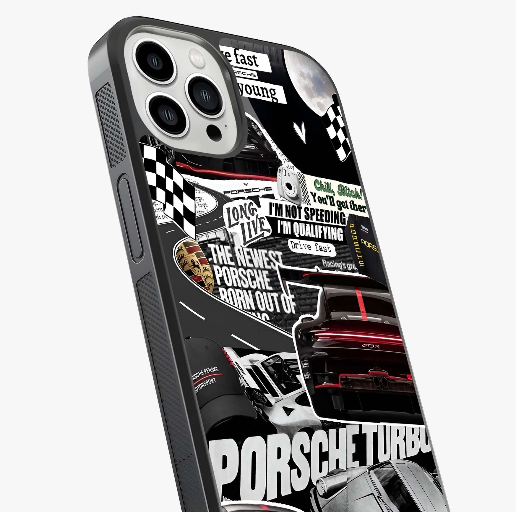 Porsche Racing Collage Glass Case captured at a warm angle highlighting gloss, texture and premium glass finish.