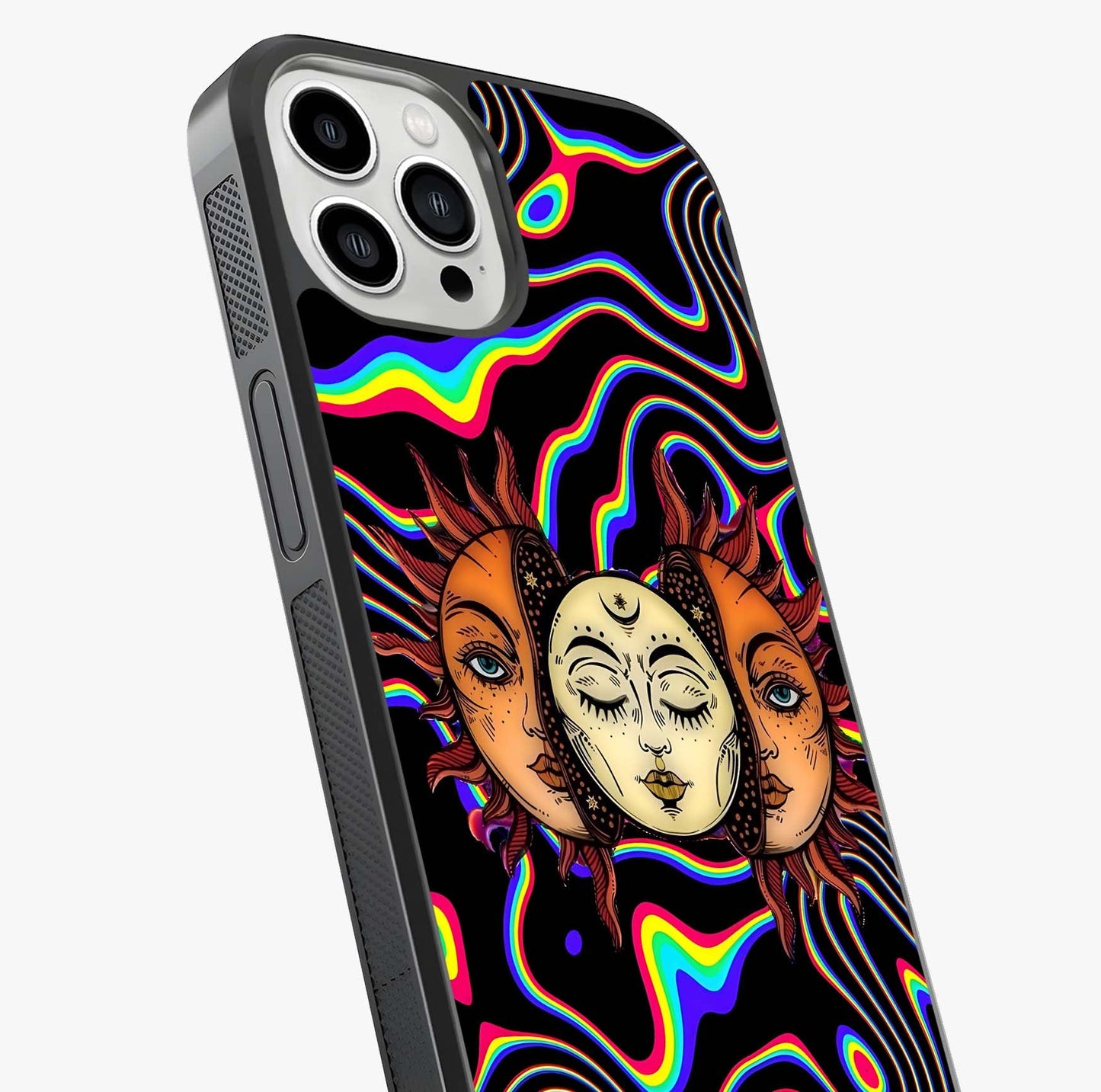 Psychedelic Sun Glass Case captured at a warm angle highlighting gloss, texture and premium glass finish.