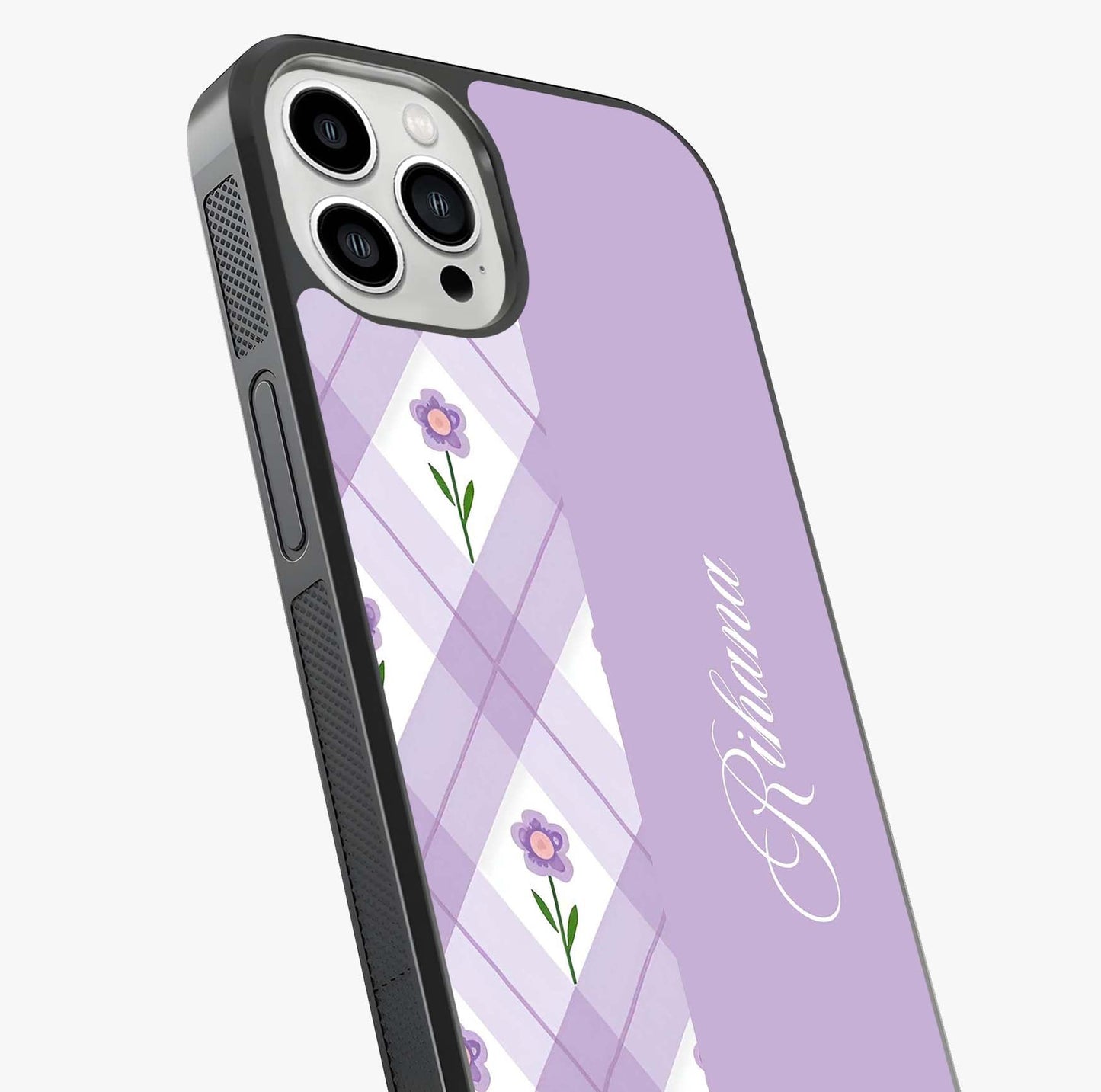 Purple Diamond Floral Glass Case captured at a warm angle highlighting gloss, texture and premium glass finish.