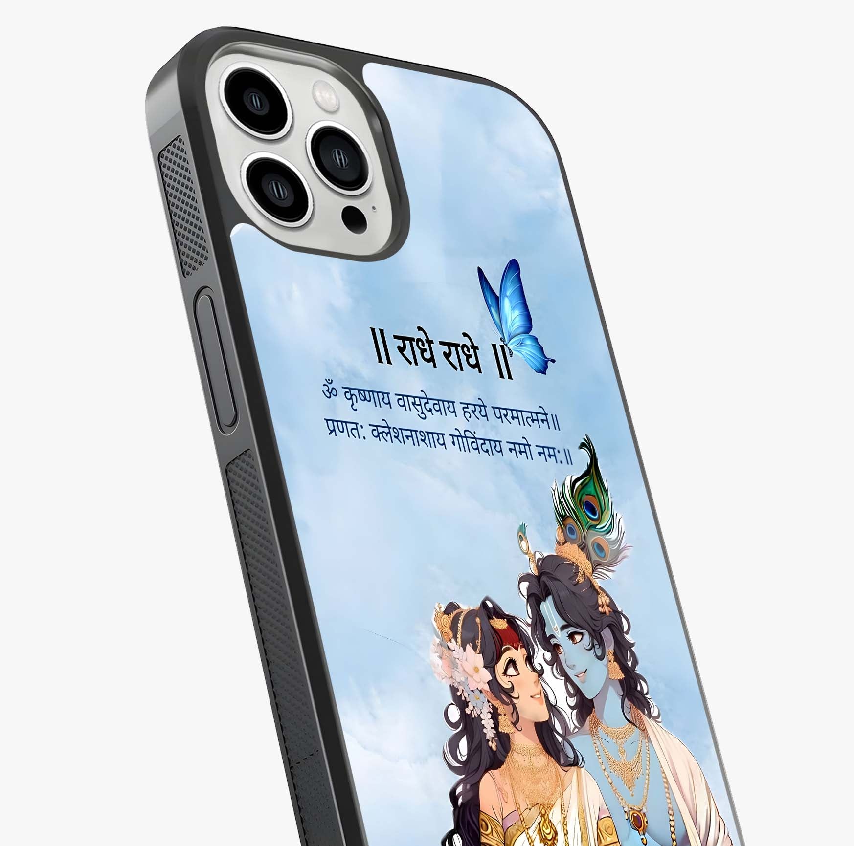 Radha Krishna Eternal Glass Case captured at a warm angle highlighting gloss, texture and premium glass finish.