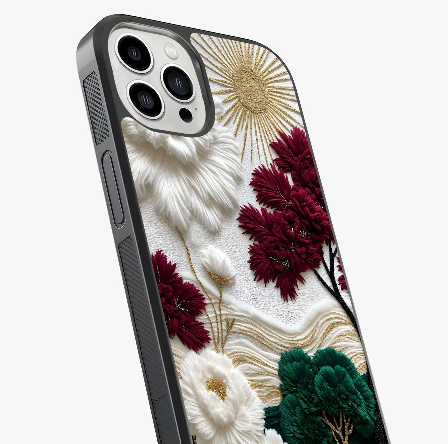 Radiant Bloom Elegance Glass Case captured at a warm angle highlighting gloss, texture and premium glass finish.