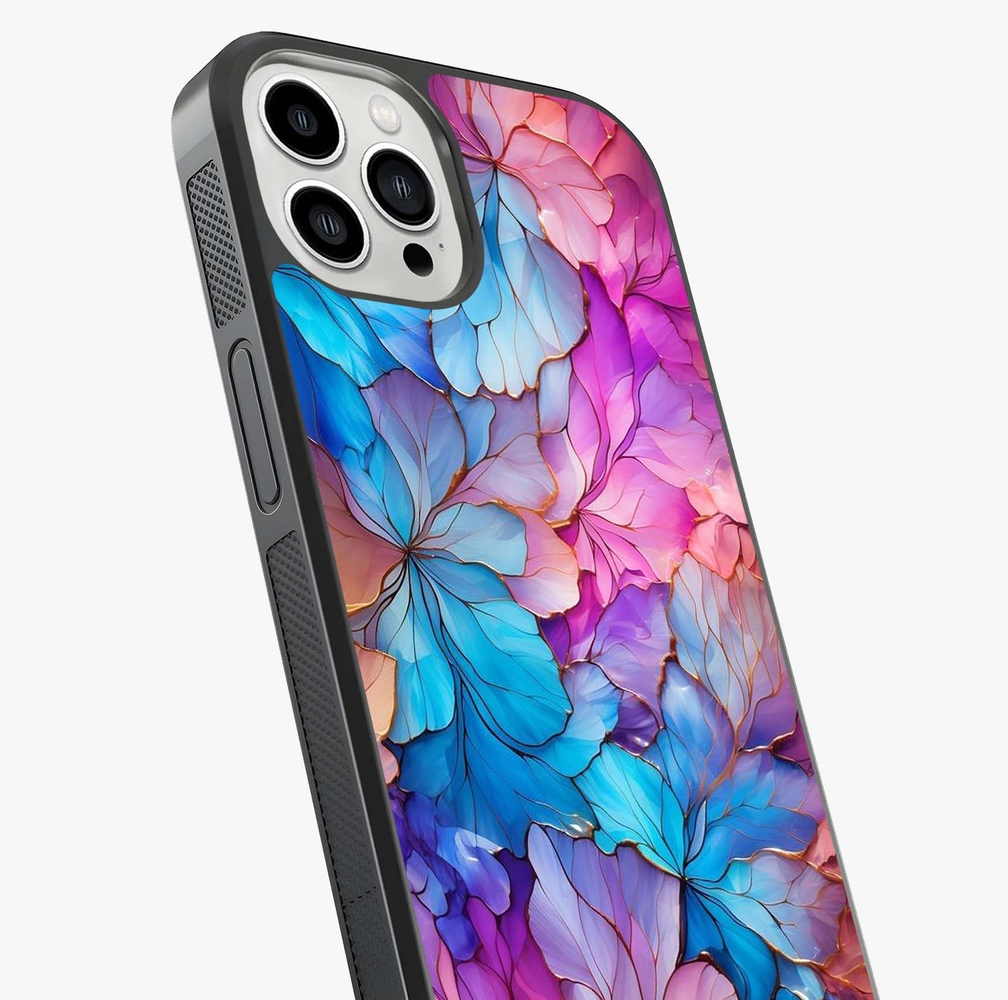 Radiant Floral Whirl Glass Case captured at a warm angle highlighting gloss, texture and premium glass finish.