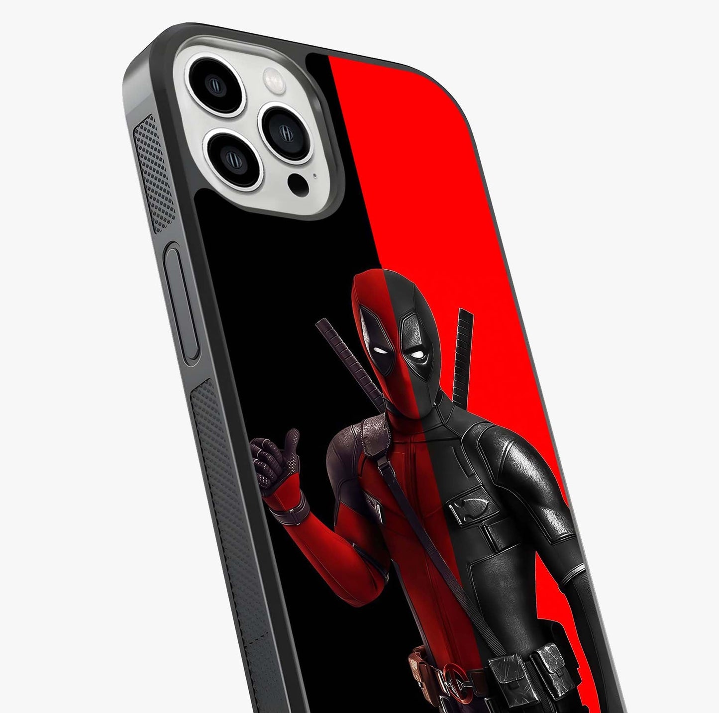 Red & Black Deadpool Theme Glass Case captured at a warm angle highlighting gloss, texture and premium glass finish.