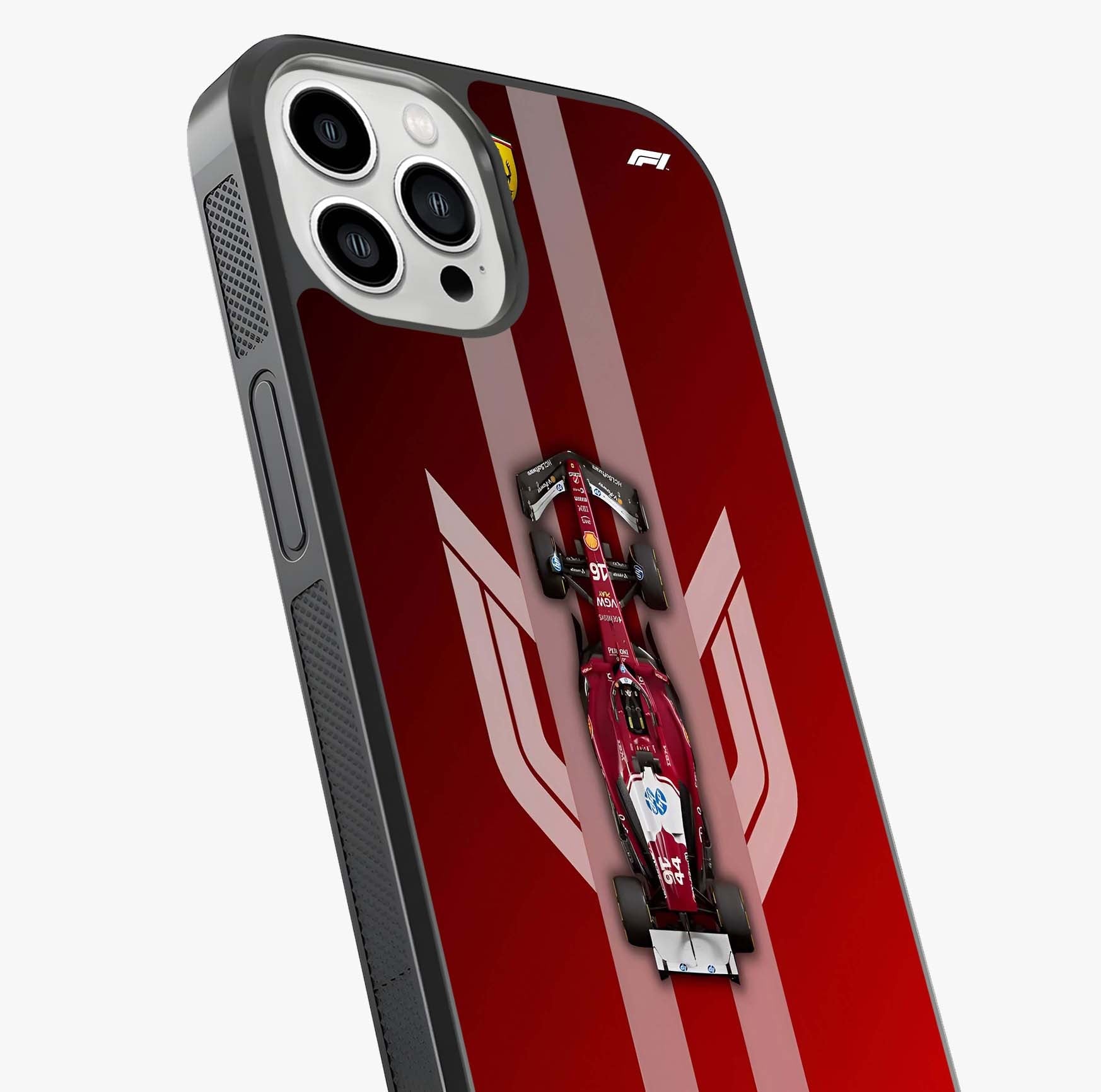 Red Ferrari F1 Vertical Glass Case captured at a warm angle highlighting gloss, texture and premium glass finish.