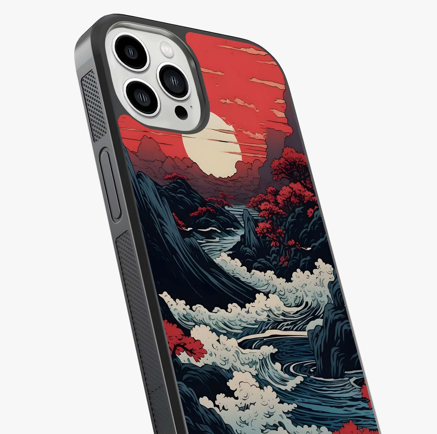 Red Sunset Scenery Glass Case captured at a warm angle highlighting gloss, texture and premium glass finish.