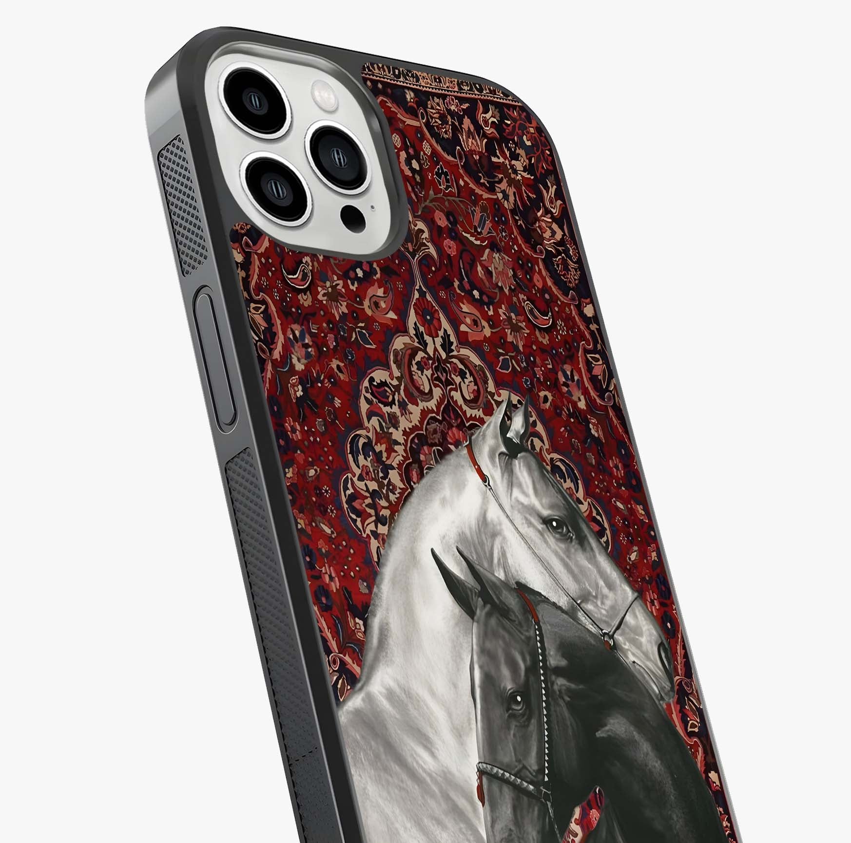 Regal Stallion Tapestry Glass Case captured at a warm angle highlighting gloss, texture and premium glass finish.