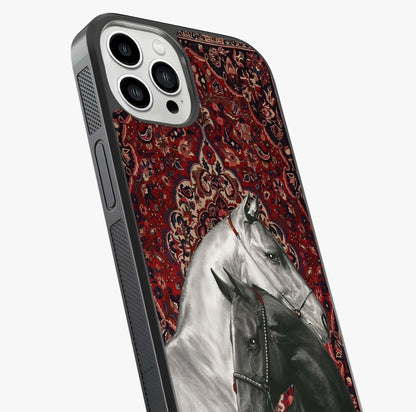 Regal Stallion Tapestry Glass Case captured at a warm angle highlighting gloss, texture and premium glass finish.