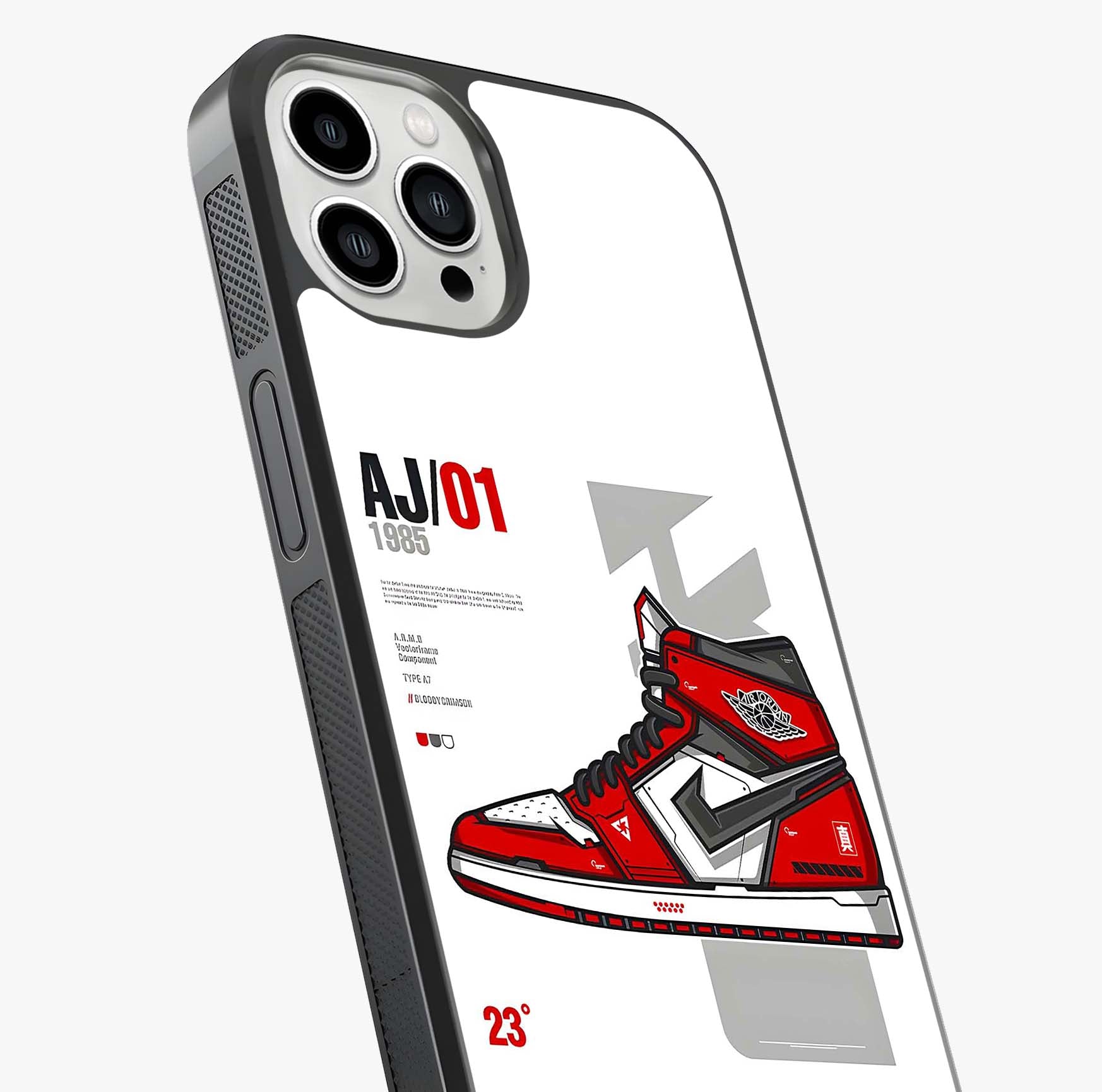 Retro Sneaker Blueprint Glass Case captured at a warm angle highlighting gloss, texture and premium glass finish.