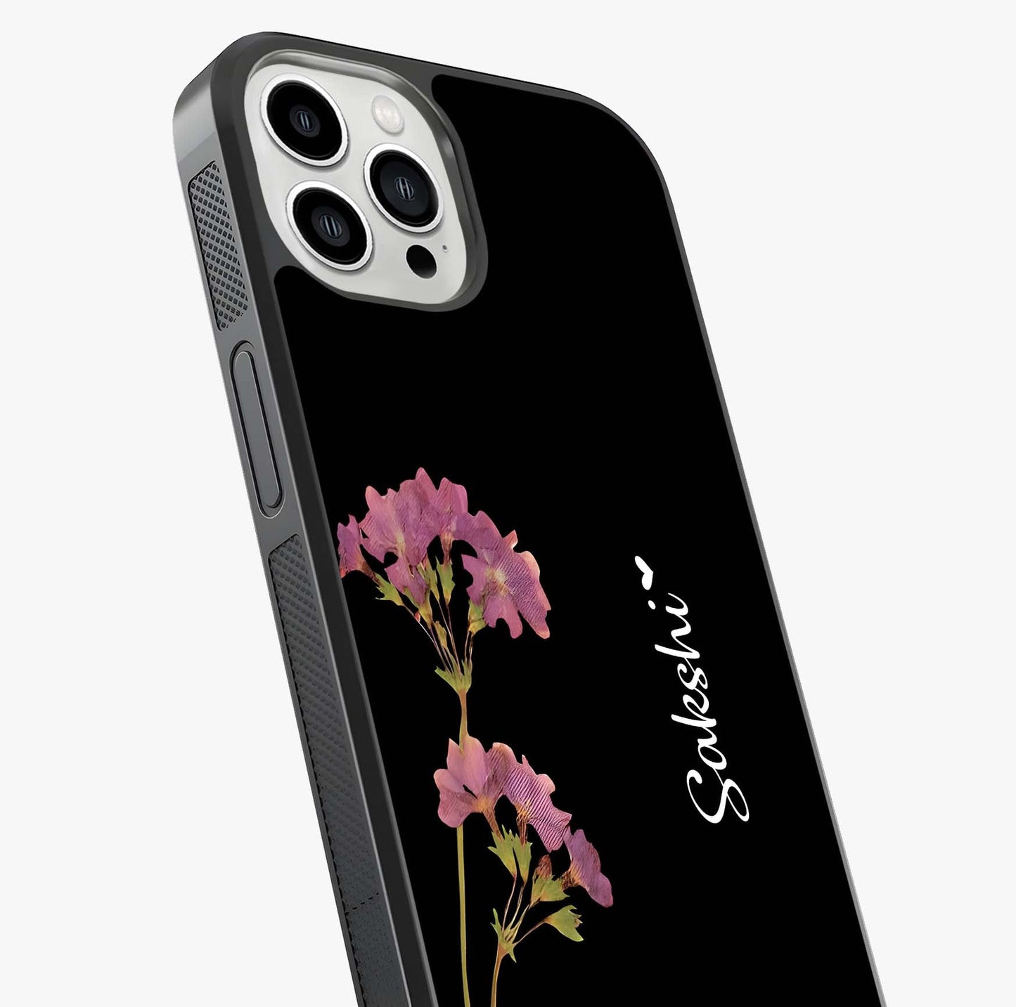 Riching Lavender Flower Custom Name Glass Case captured at a warm angle highlighting gloss, texture and premium glass finish.