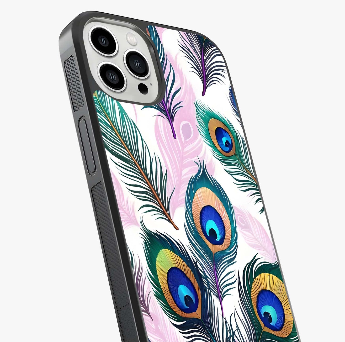 Royal Peacock Feathers Glass Case captured at a warm angle highlighting gloss, texture and premium glass finish.