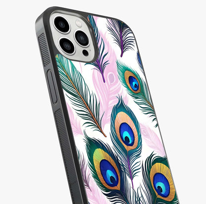 Royal Peacock Feathers Glass Case captured at a warm angle highlighting gloss, texture and premium glass finish.