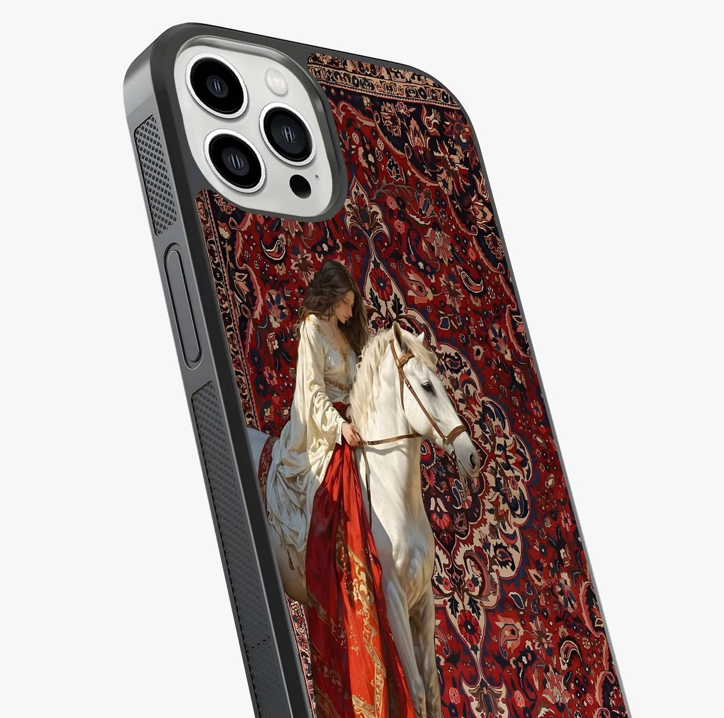 Royal Rider Tapestry Glass Case captured at a warm angle highlighting gloss, texture and premium glass finish.