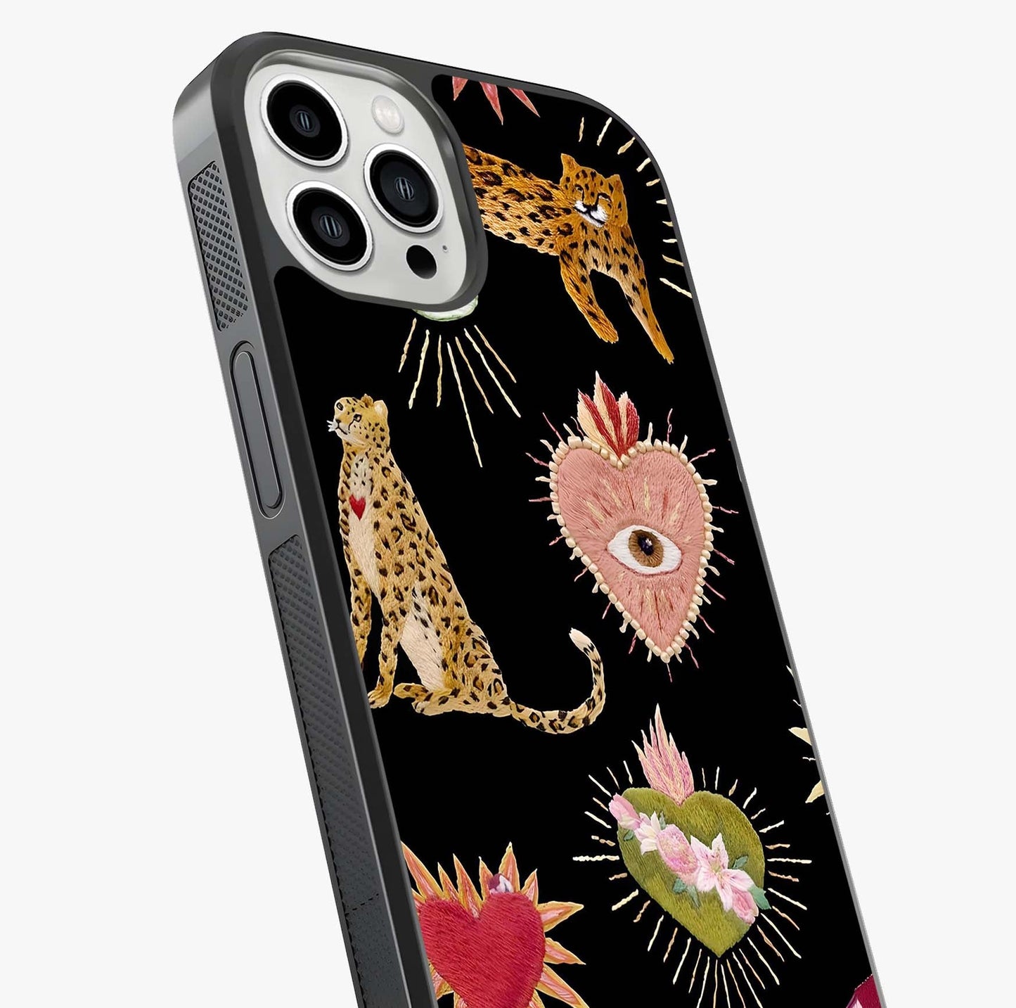 Sacred Jungle Heart Glass Case captured at a warm angle highlighting gloss, texture and premium glass finish.