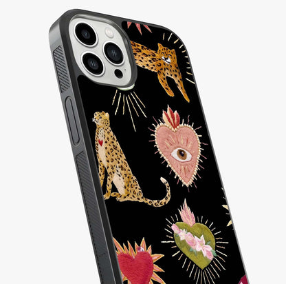 Sacred Jungle Heart Glass Case captured at a warm angle highlighting gloss, texture and premium glass finish.