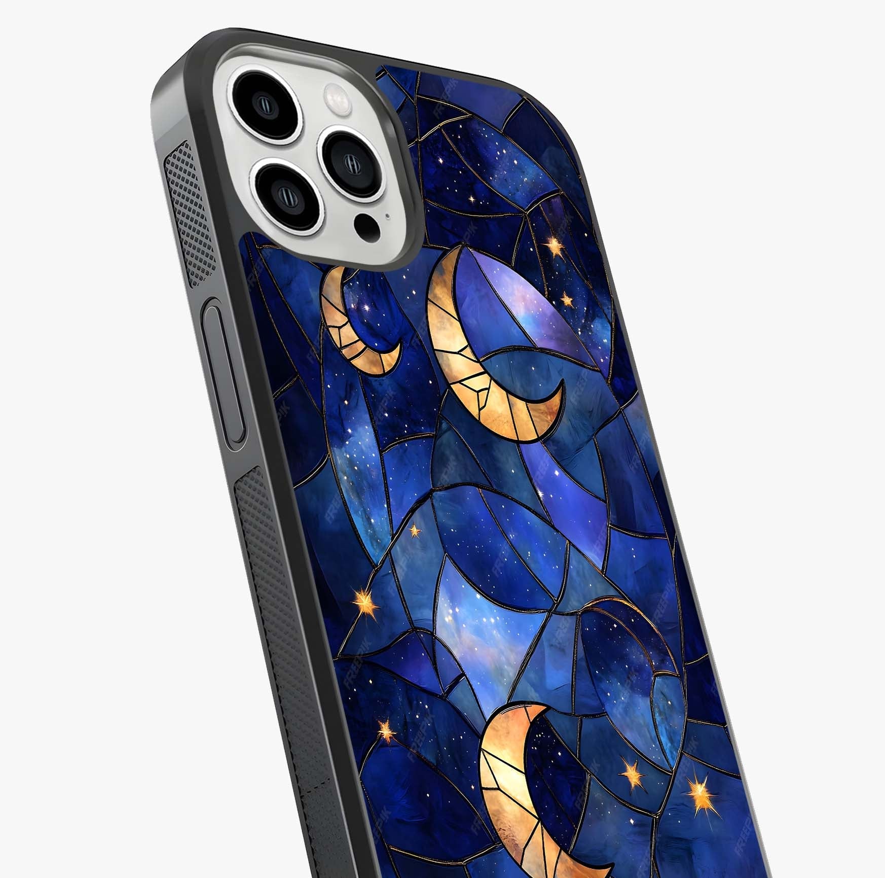 Starlit Sky Tapestry Glass Case captured at a warm angle highlighting gloss, texture and premium glass finish.