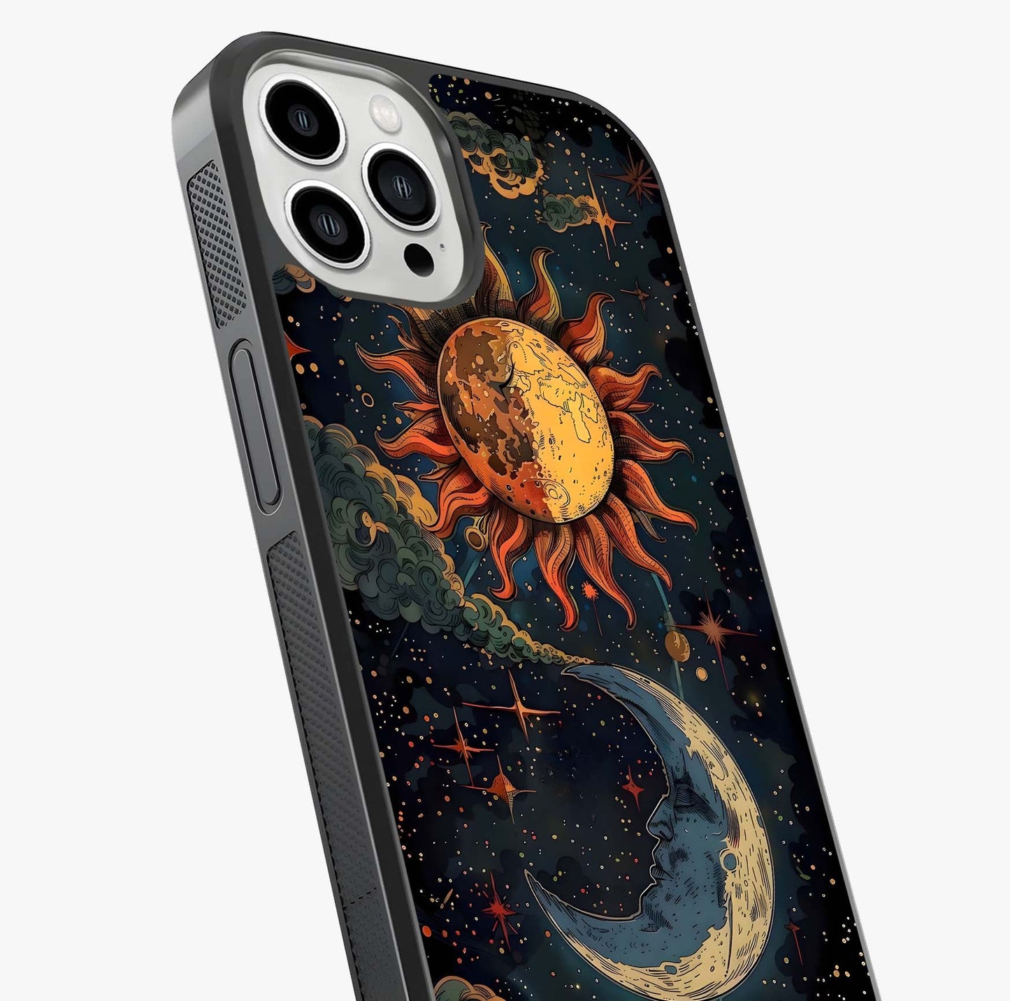Sun And Moon Magic Design Glass Case captured at a warm angle highlighting gloss, texture and premium glass finish.